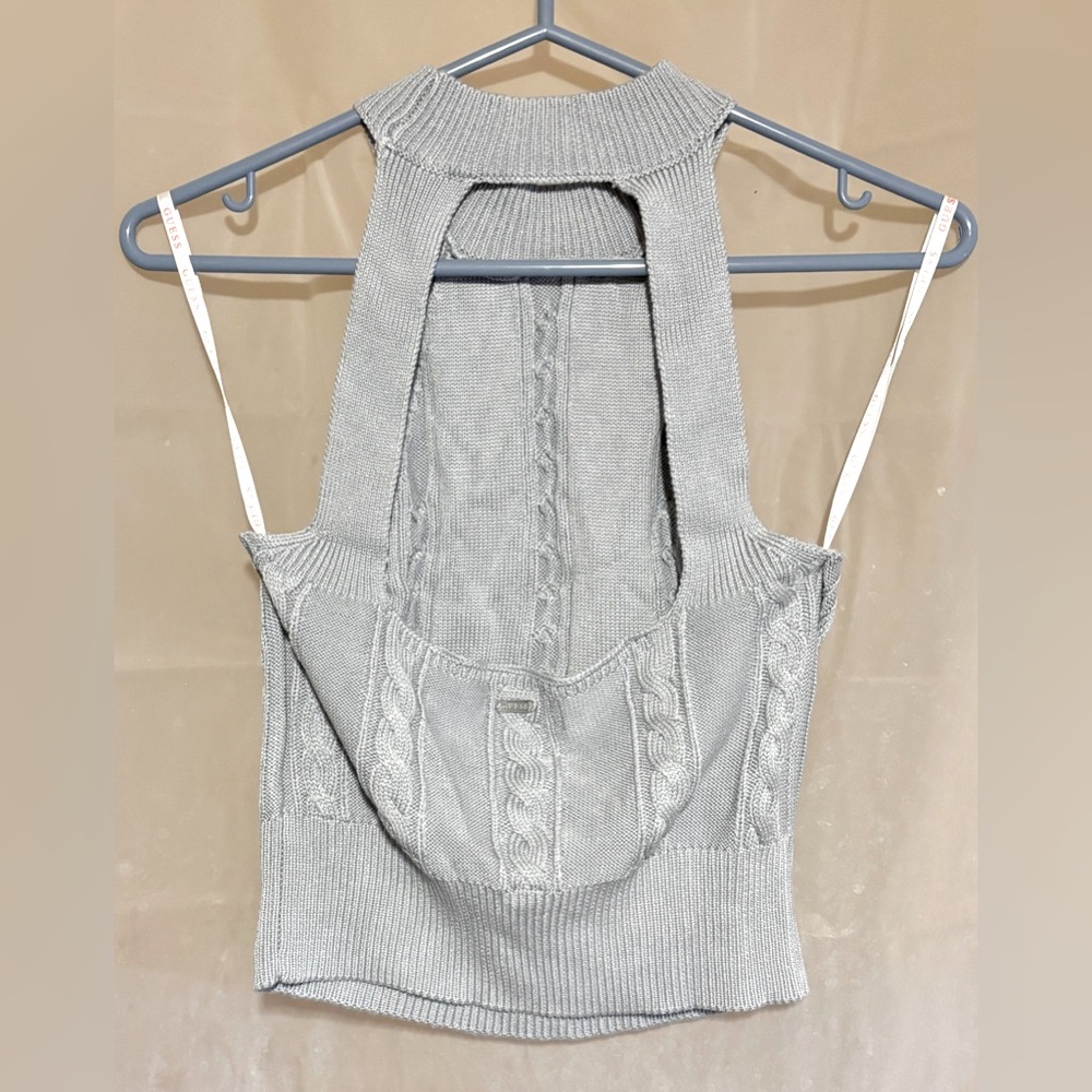 Guess-Ice Blue-Cable Knit-Halter Top-70% Rayon Blend Summer Sweater-Sz-Large - Picture 3 of 6